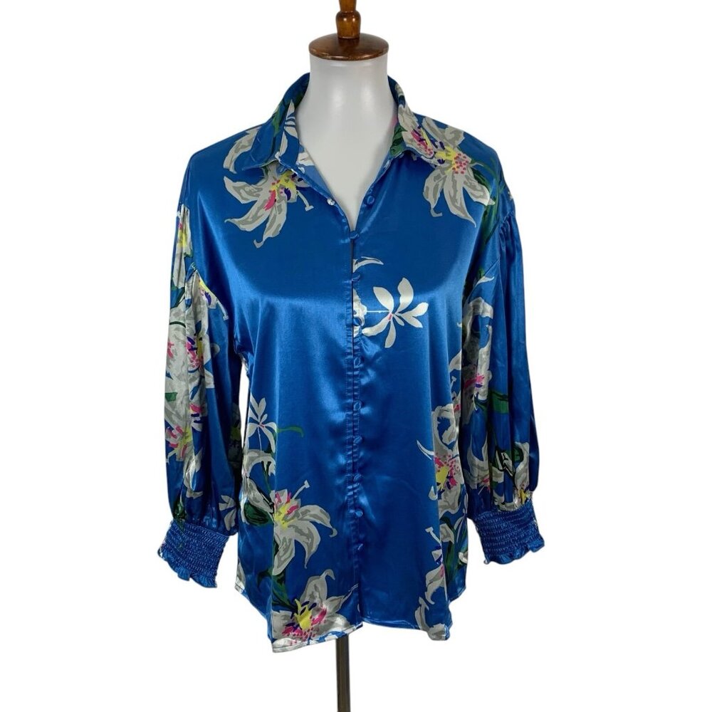 Anthropologie Calligraphie Blouse Small Blue Long Sleeve Boho Resort‎